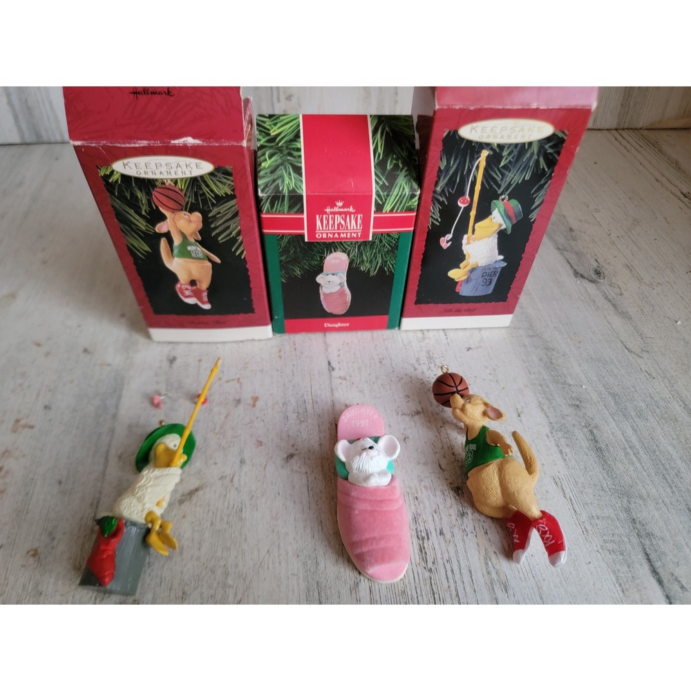 Hallmark bird fishing mouse reindeer basketball‎ ornament Xmas set